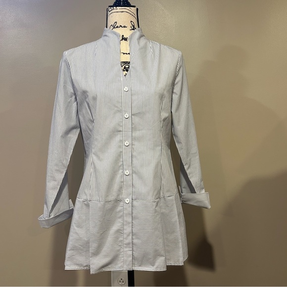 Ming Wang Mandarin Collar Peplum Hem Pinstripe Button Front Shirt - Picture 1 of 16